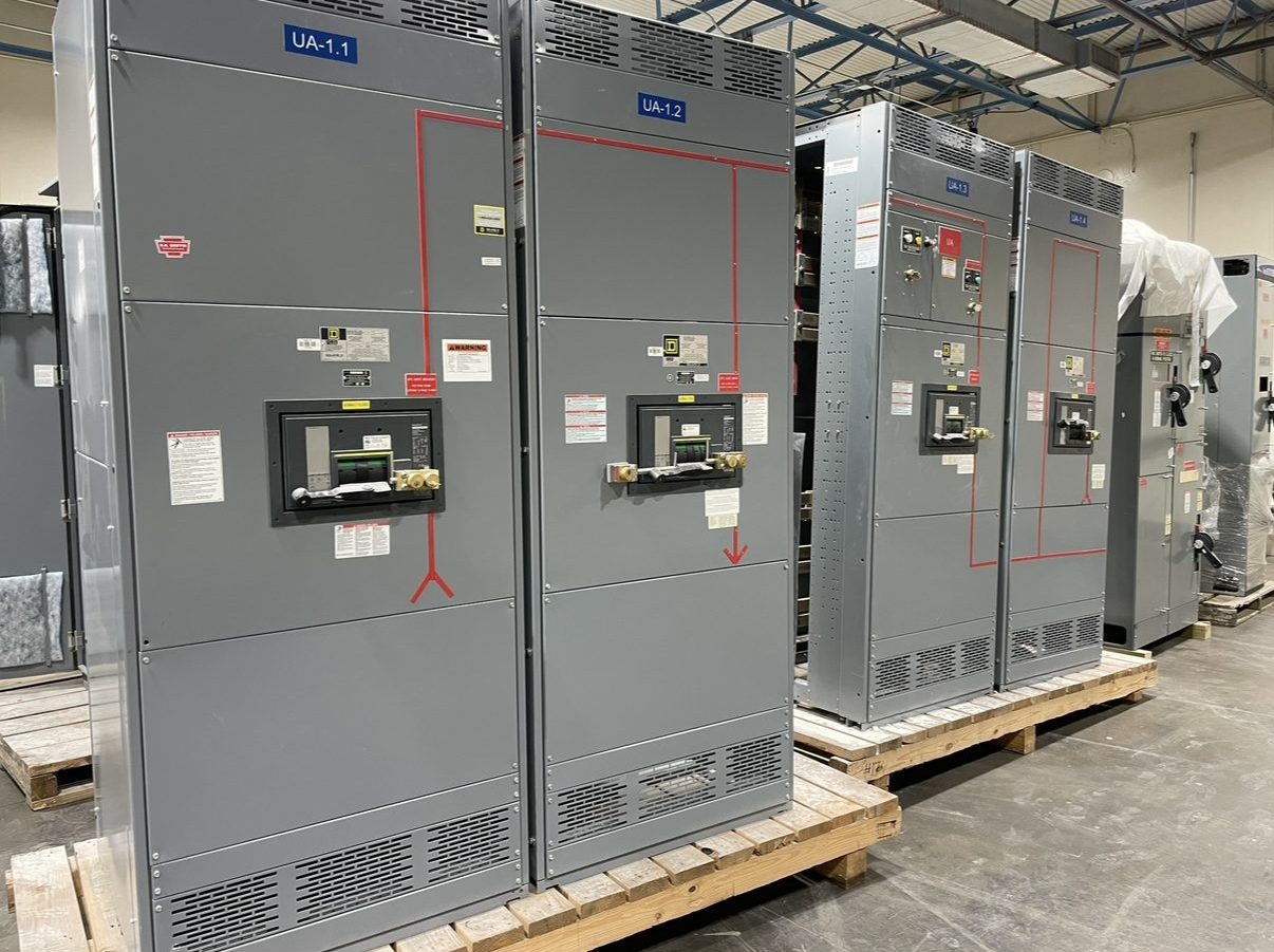 Low-voltage switchgear sections palletized and ready for freight after purchase